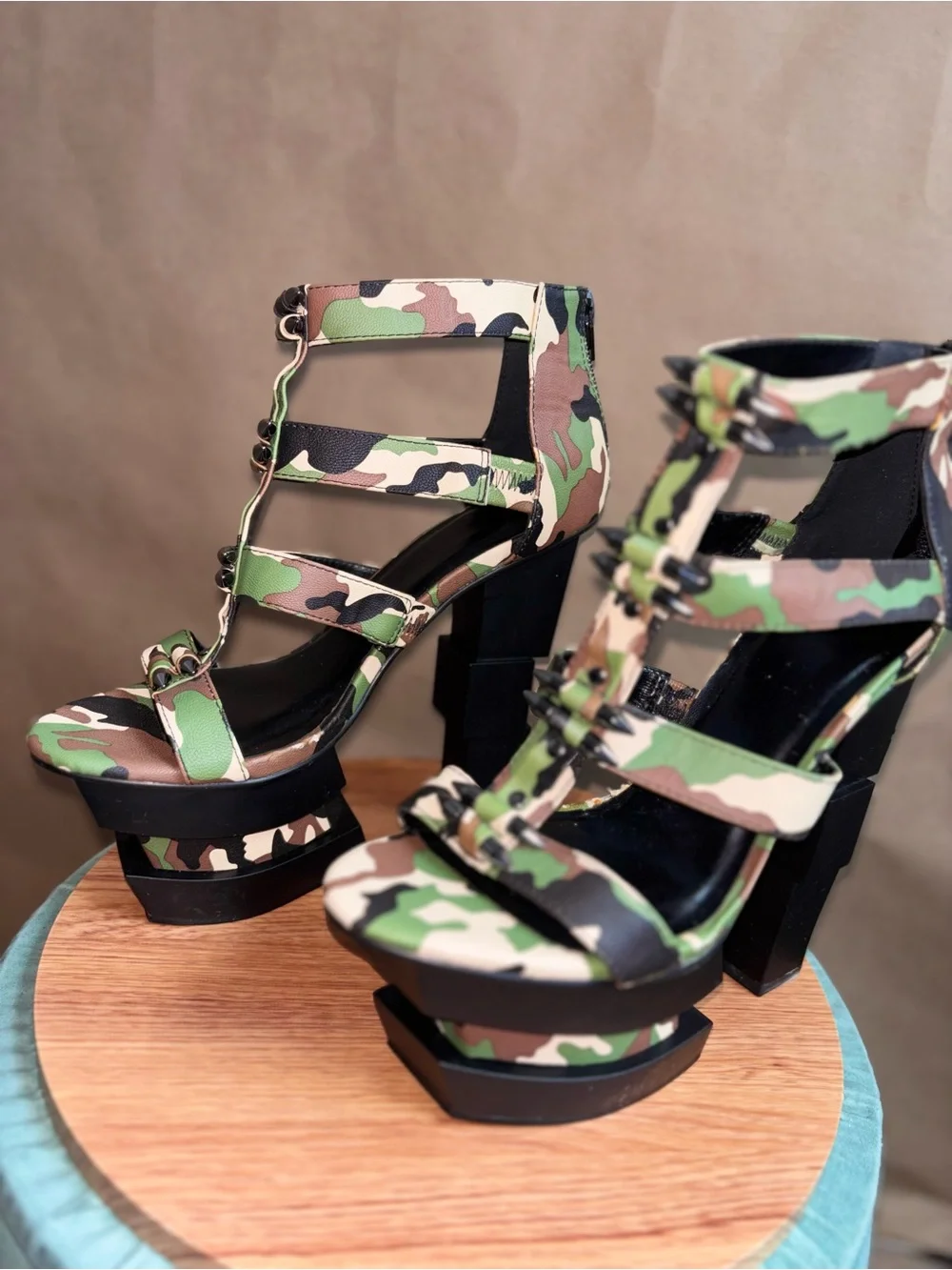 Camouflage Platform Strappy Heels with Spike Detail. Size 8